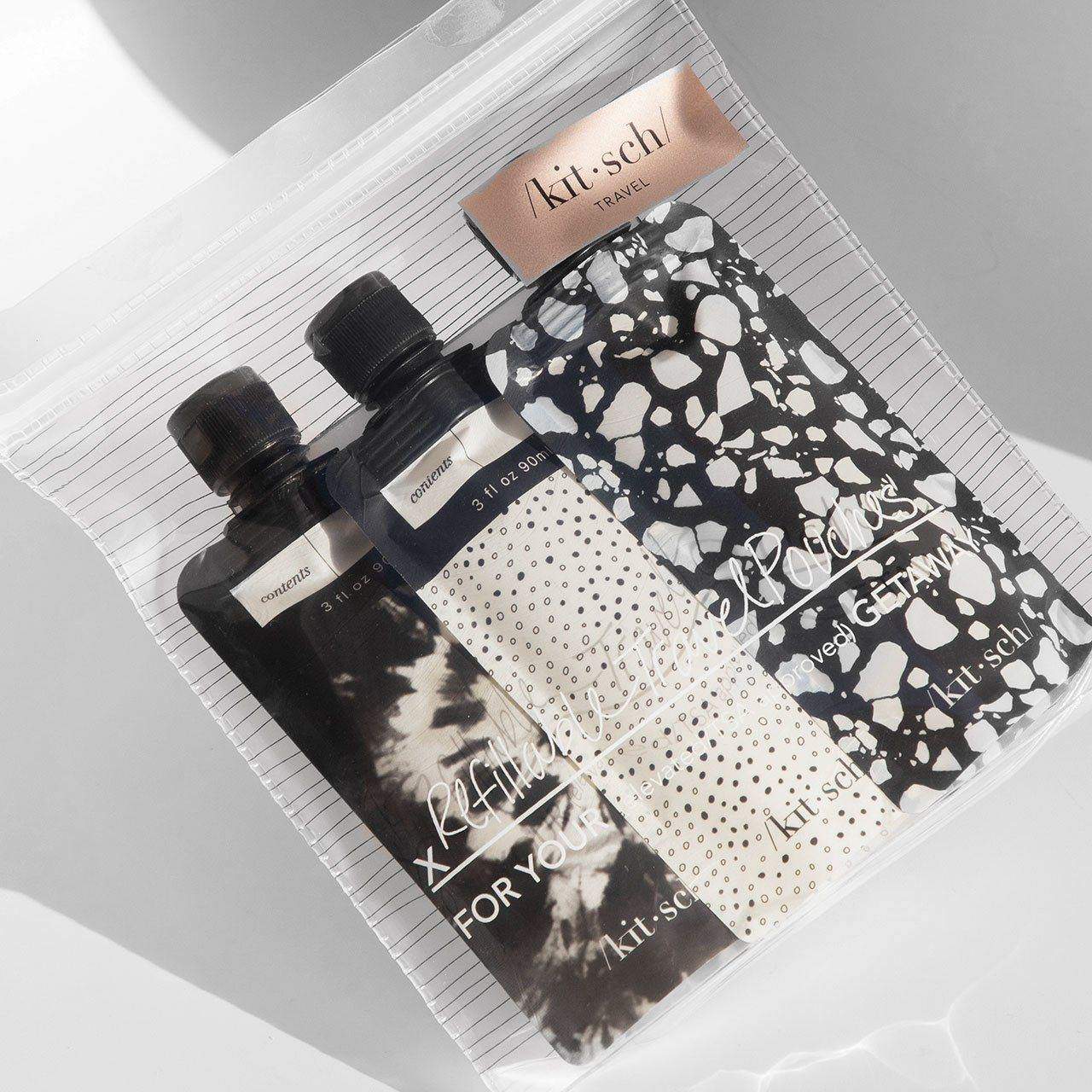 Refillable Travel Pouch 3pc set - Black & Ivory by KITSCH