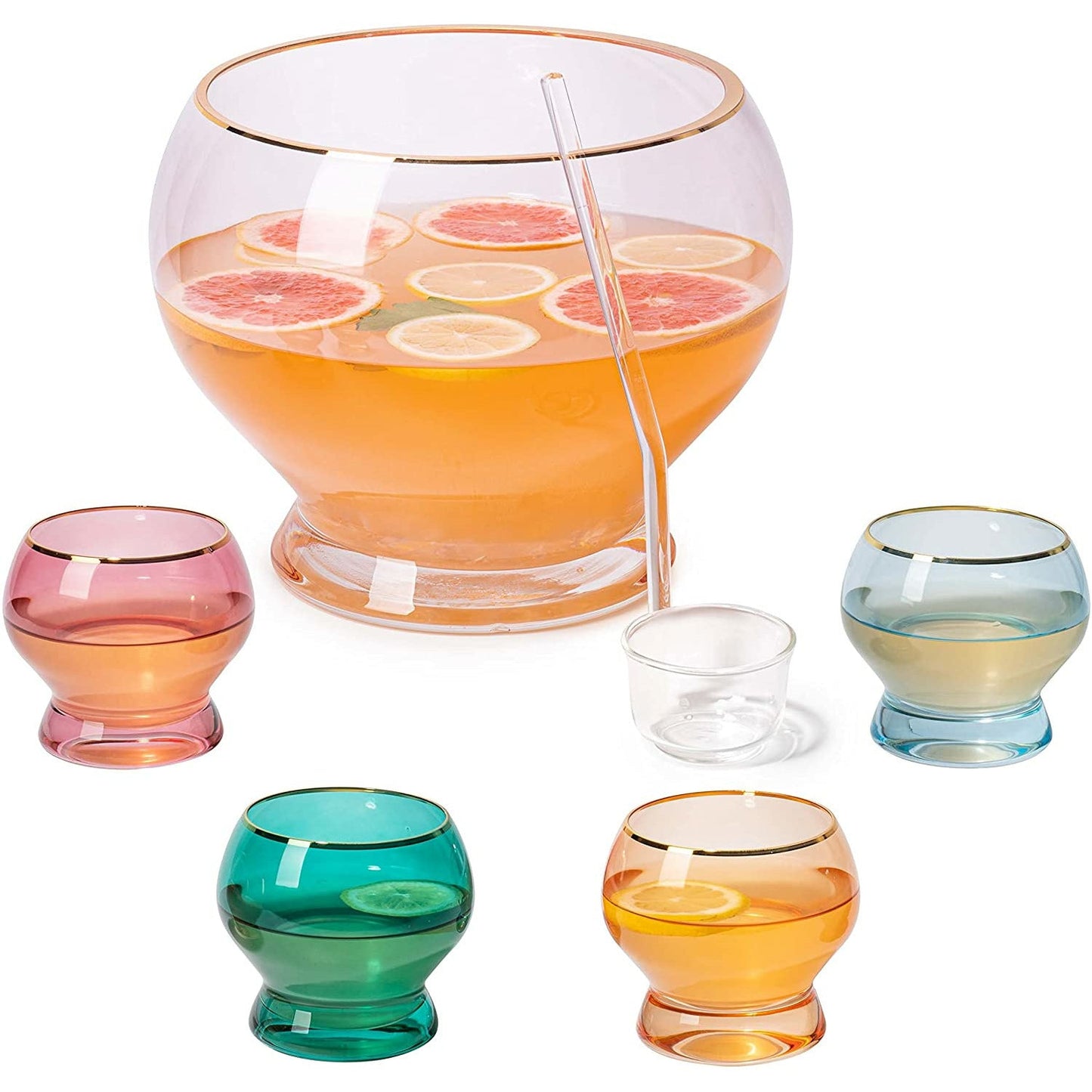 Colorful 3 Gallon Punch Bowl with 4 10oz Glasses Set & Ladle - by The Wine Savant