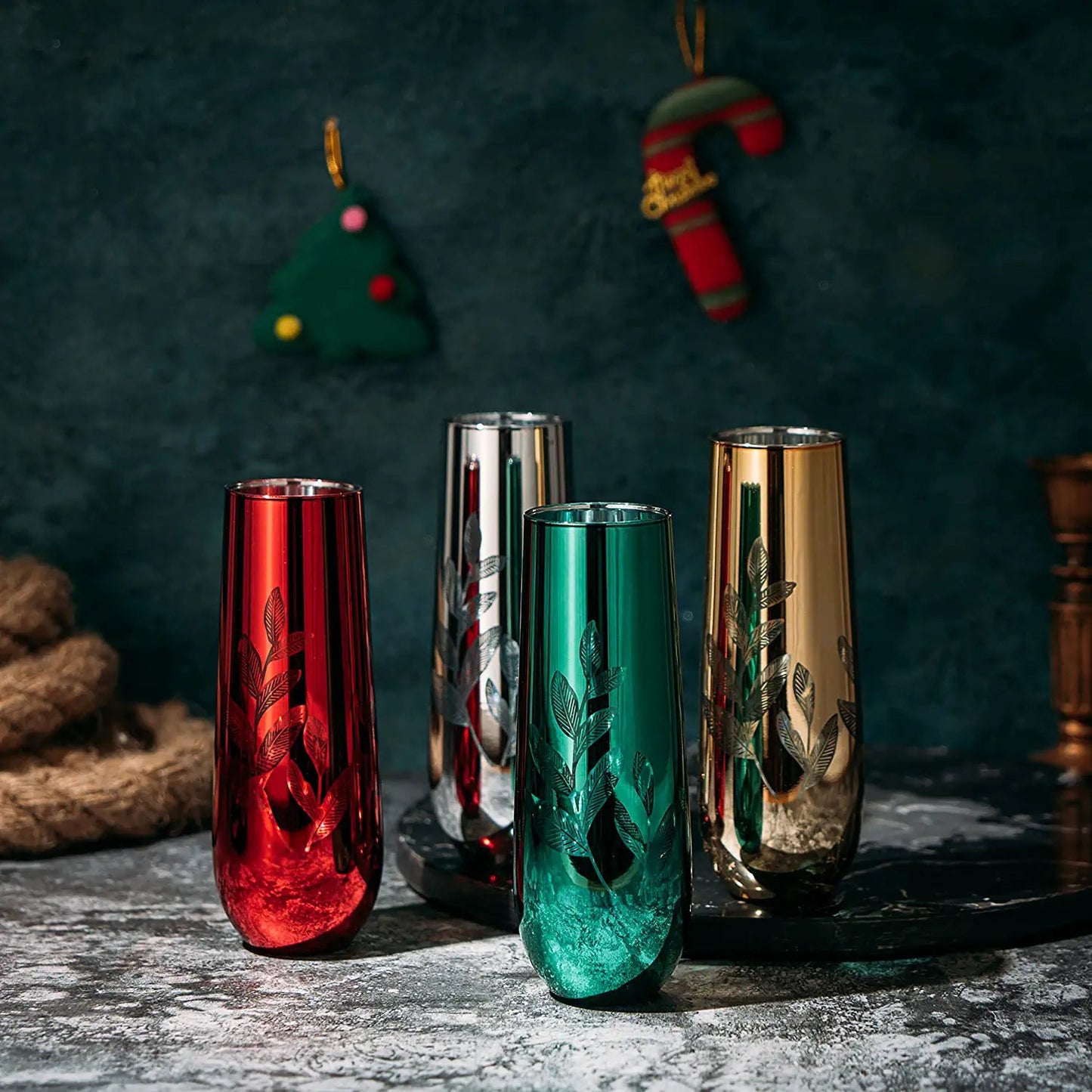 Etched Multicolor Christmas Champagne Flutes (Set of 4) - by The Wine Savant