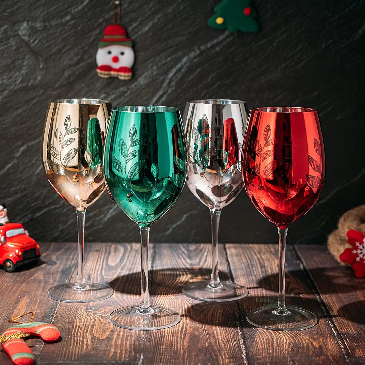Etched Multicolor Christmas Stemmed Wine Glasses (Set of 4) -  by The Wine Savant