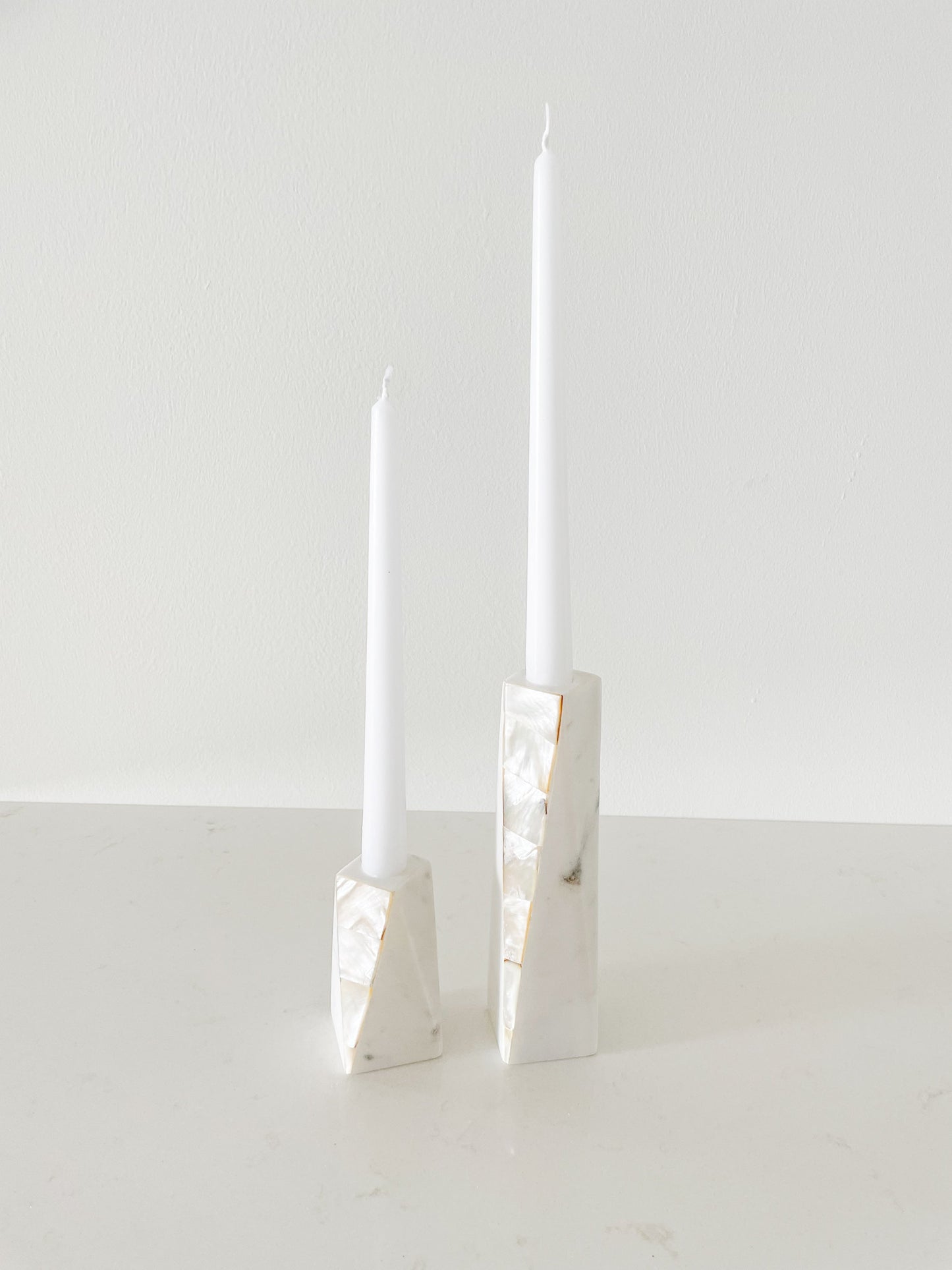 White Marble Mother of Pearl Candle Holders by Anaya