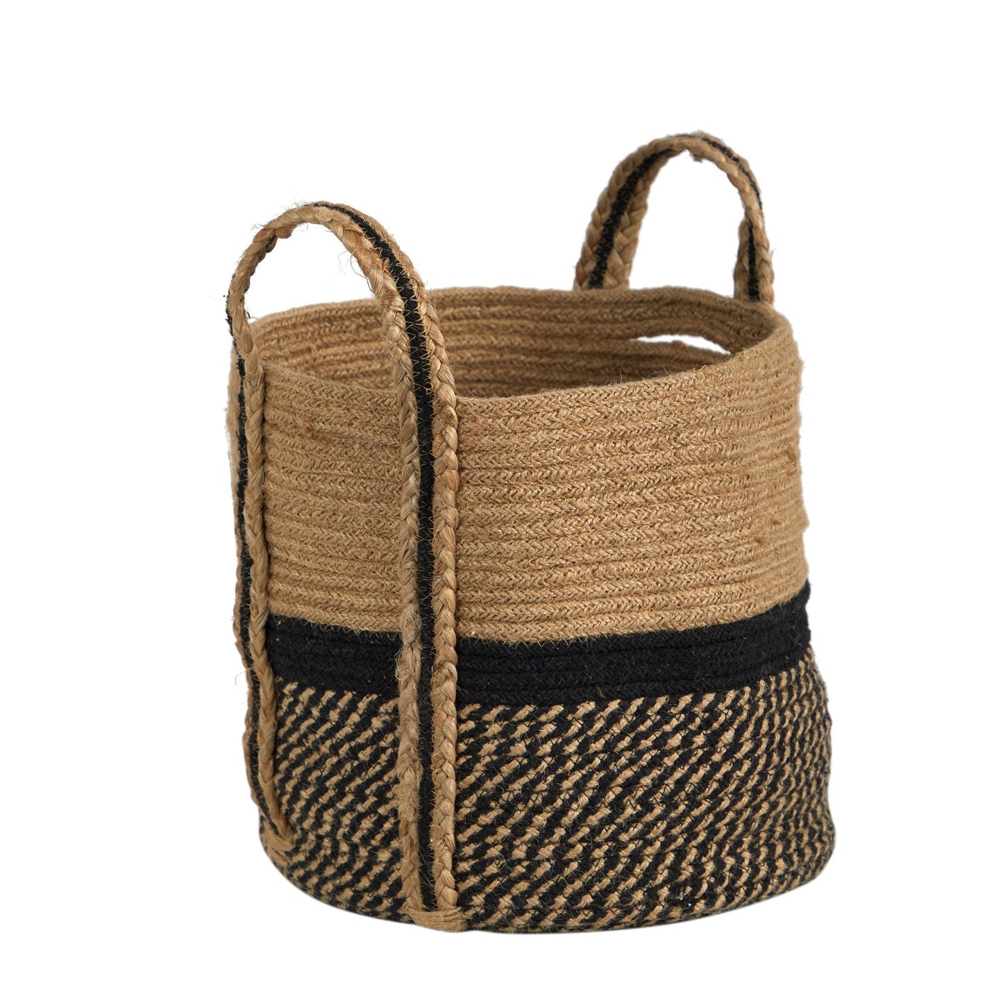 13" Boho Chic Basket Natural Jute Basket Planter, Black Bottom Natural Top with Handles" by Nearly Natural