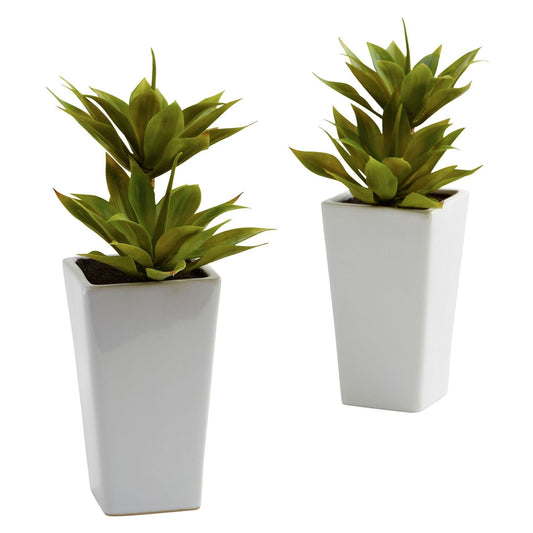 Double Mini Agave w/Planter (Set of 2) by Nearly Natural