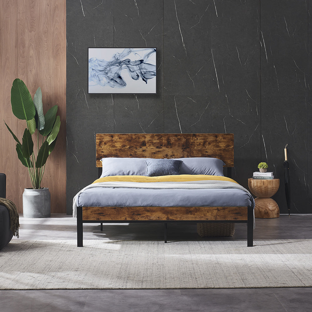Full Size Metal Platform Bed Frame with Wooden Headboard and Footboard by Blak Hom